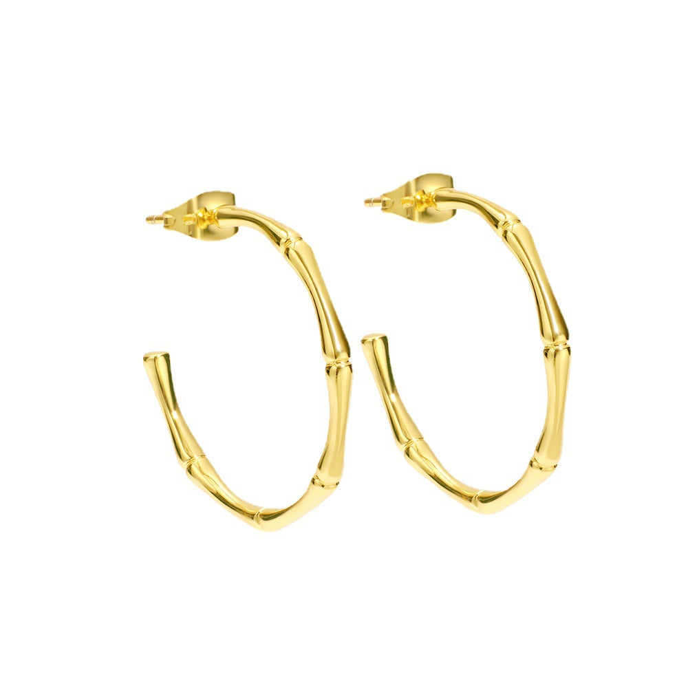 E0064Bamboo Section C Stylish Hoop Earrings Fashion Gold-Plated Ear Jewelry Hypoallergenic