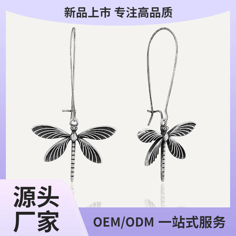E0713 Fashion Design Long Hook Earrings for Women Retro Dragonfly Earrings silver