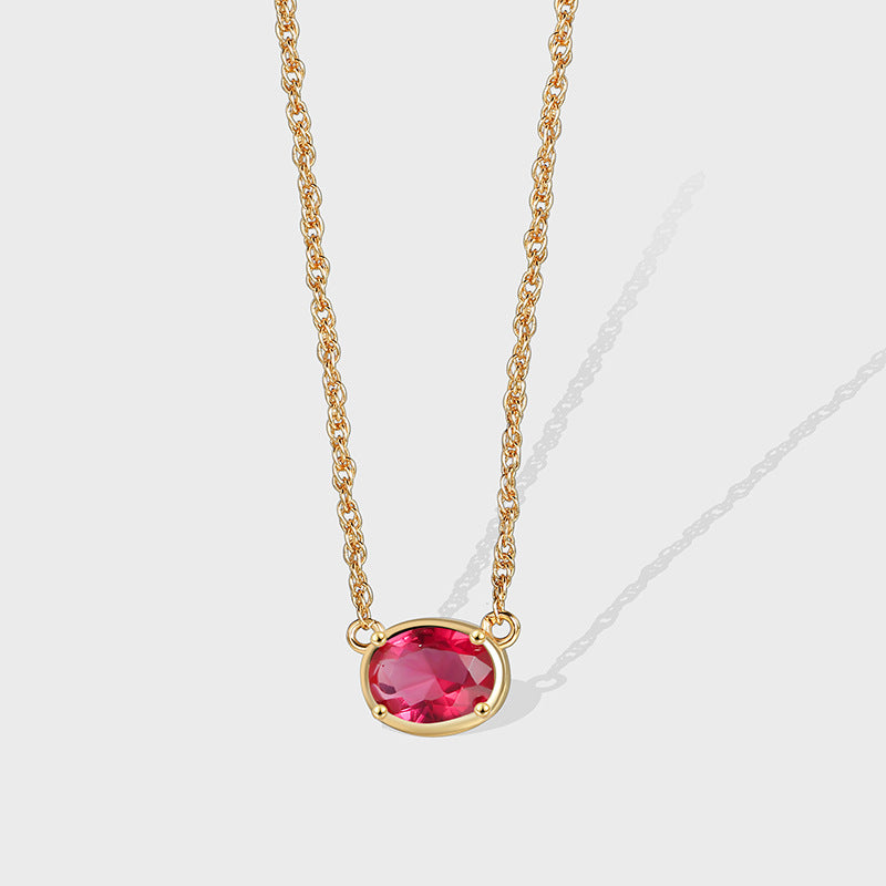 N0187-Red Fashion Retro Versatile Pendant for Women Oval Red Zircon Design Clavicle Chain
