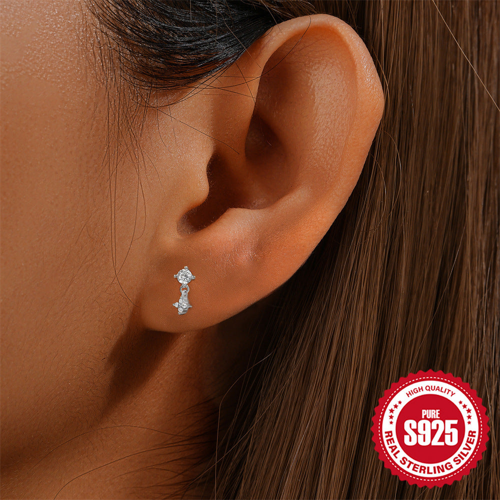 925Sterling Silver Five-Pointed Star Water Drop Inlaid Diamond Flat Head Threaded Piercing Ear Bone Stud Hot-Selling Pearl Earrings
