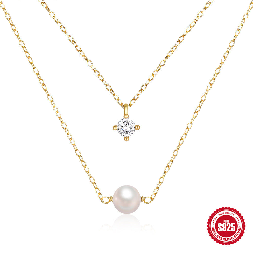 S925 Sterling Silver Double Layer Pearl Necklace With Four Prong CZ