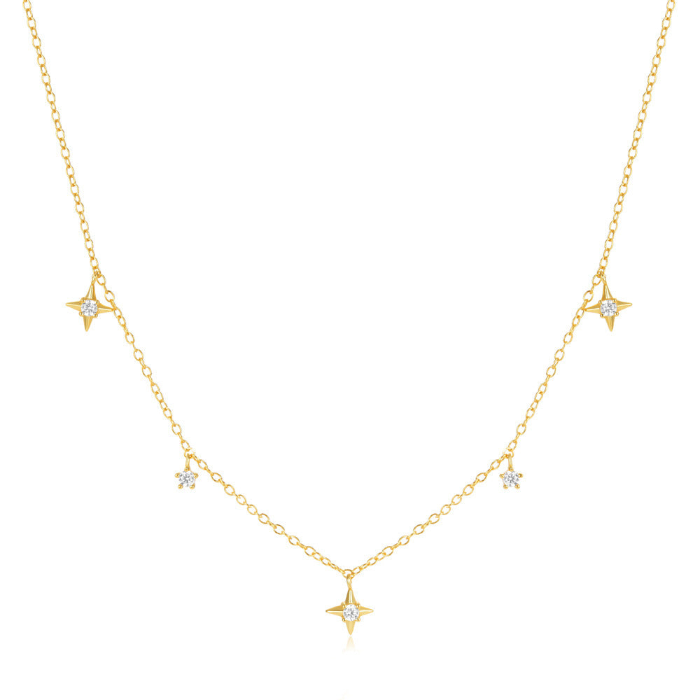 Sterling Silver Four-Pointed Star Diamond Collarbone Necklace