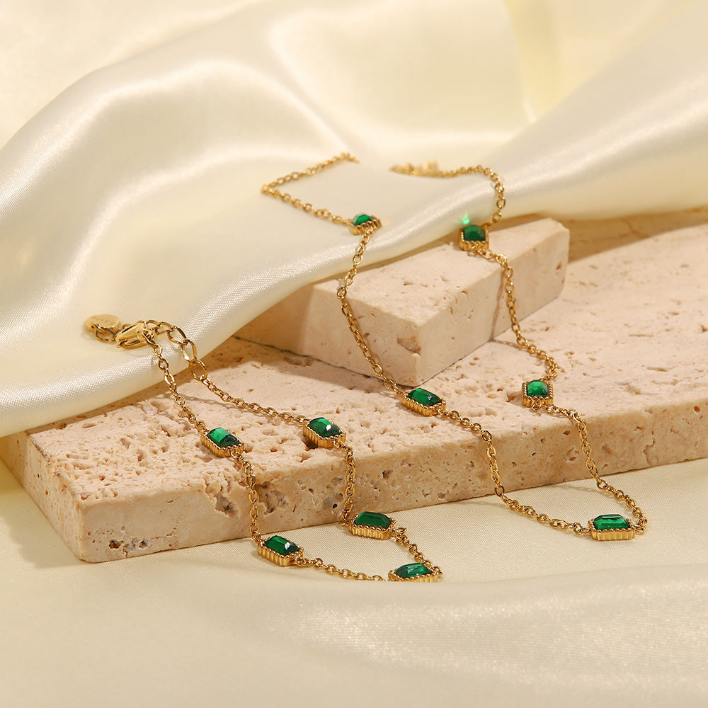 2H Square Shape Emerald Zircon Necklace Collarbone Chain Necklace Bracelet