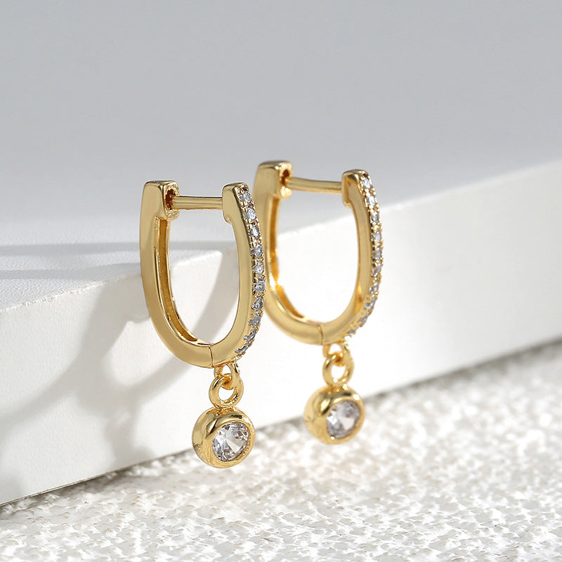 E0405 Minimalist Retro Autumn Winter Earrings for Women Brass Gold Plated U Micro-inlaid Zirconia Style Earrings