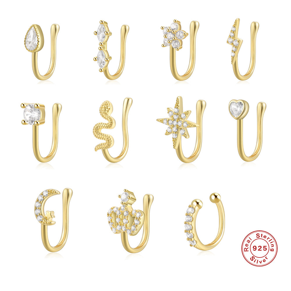 New S925Sterling Silver Geometric Water Drop Lightning Diamond Nose Ring Creative Style nose cuff Piercing jewelry