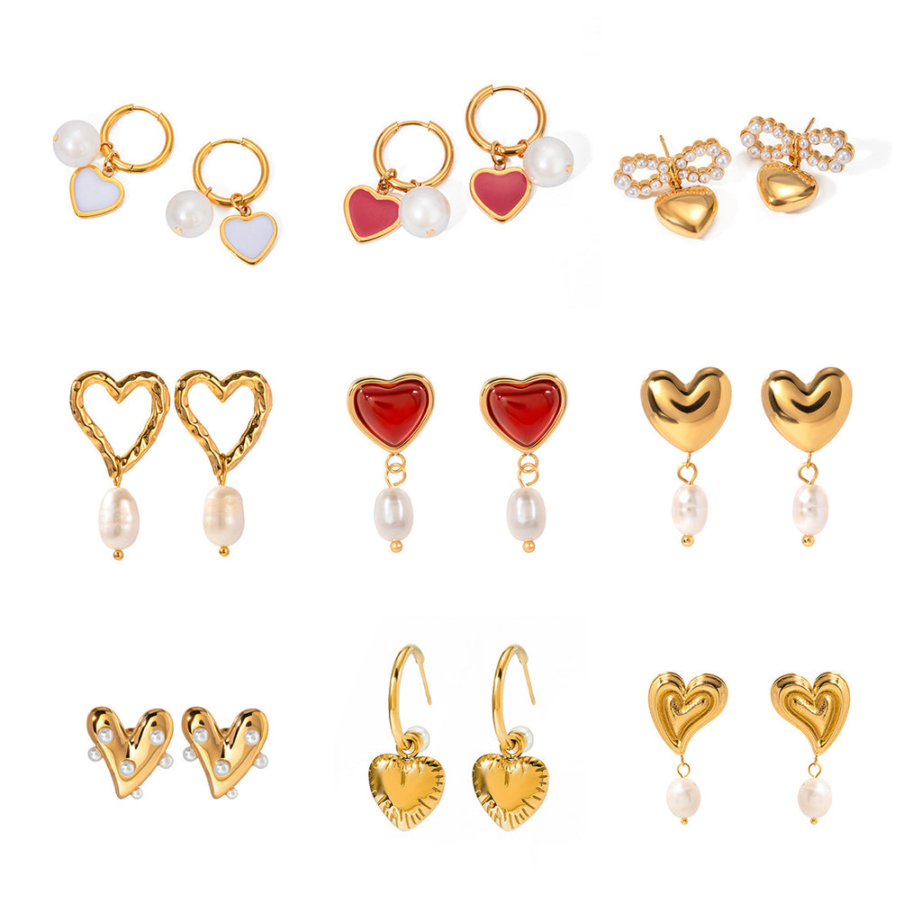 2H Stainless Steel Pearl Earrings Love Heart Stud Earrings Ear Jewelry 18K Gold Plated Jewelry