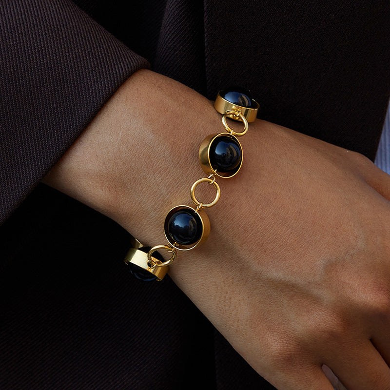 2H Stainless steel black glass beads can rotate OT Clasp Bracelet Jewelry