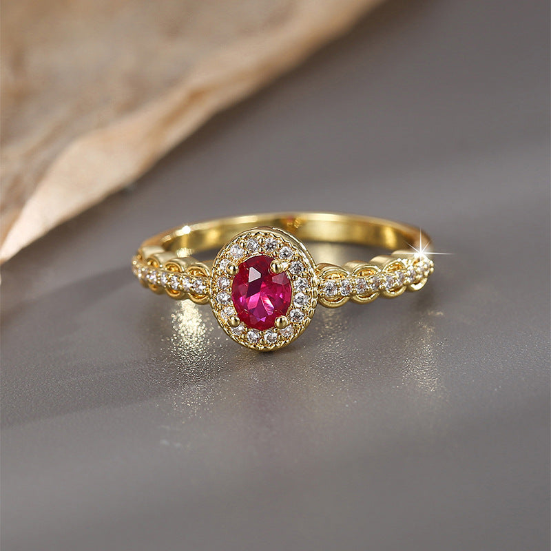R0426 AliExpress Hot Sale Fashion Elegant Red Zircon Ring for Women Micro Pave White Zircon Gold Plated Tail Ring