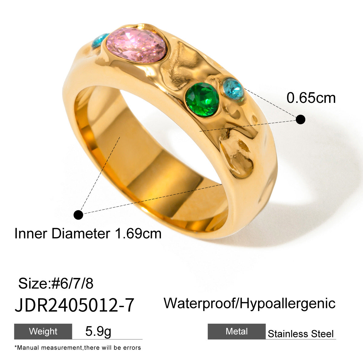 2H 18K Gold Stainless Steel Zircon Ring for Women Hammered Texture with Pink Zircon and Blue Green Zircon Ring