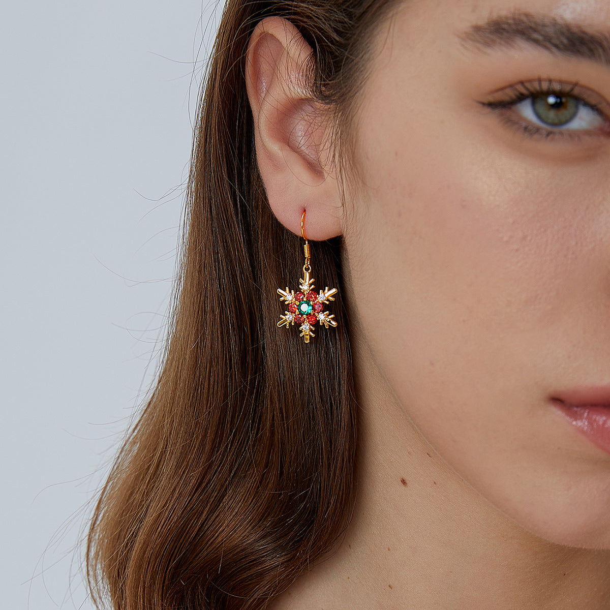 E0537 New Christmas Ornaments Snowflake Ear Hooks Female Brass Gold Plated Inlaid Zircon Earrings