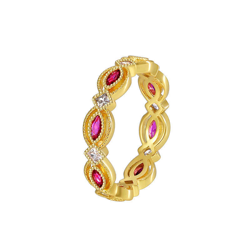 R0427 Fashion Heart Red Purple Two-tone Zircon Ring for Women Copper Gold-plated Ring