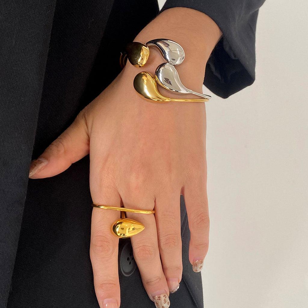 Stainless Steel Water Drop Necklace Earrings Open Bracelet Ring Jewelry