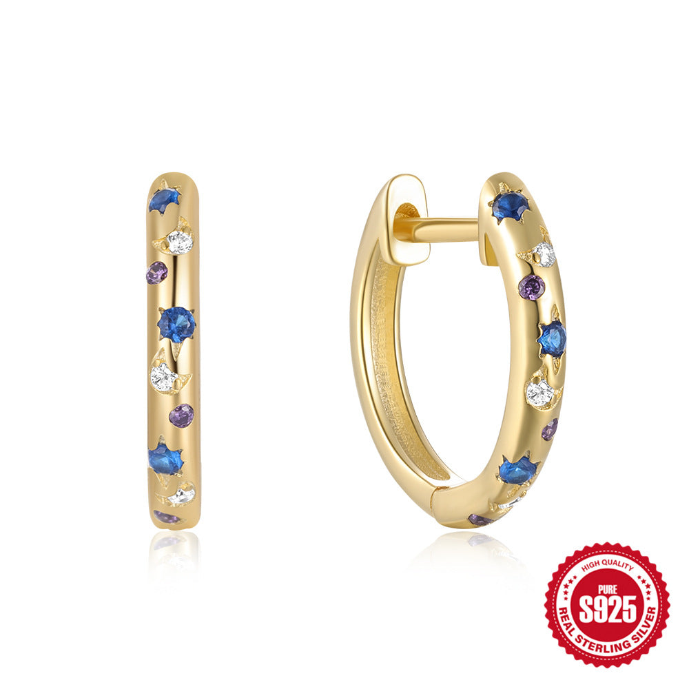 S925Sterling Silver Earrings for Women Fashion Star Moon Inlaid Diamond Hoop Earrings Ear Clips