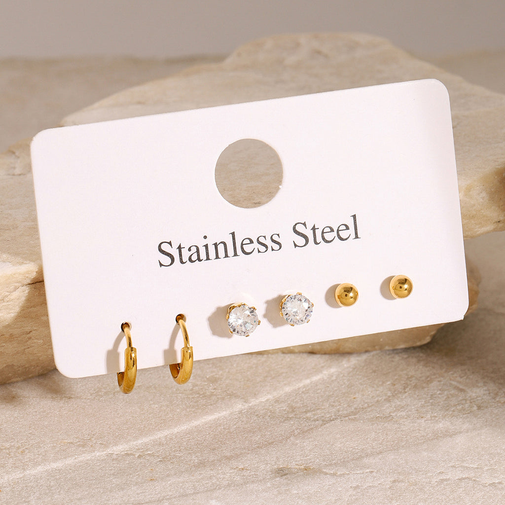 2H Three Pairs of Stainless Steel Plain Hoop Earrings Zircon Stud Earrings Jewelry Accessories