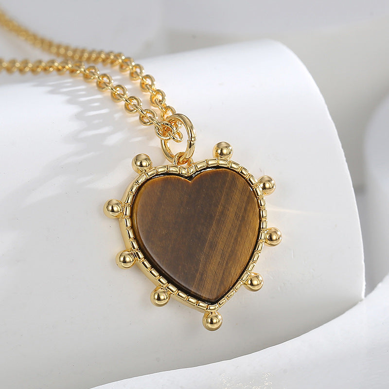 Gold-Plated Tiger Eye Heart Vintage Necklace — material and finish close-up