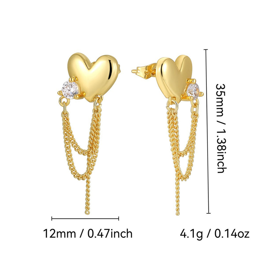E0708 Elegant Fashion Simple Heart-Shaped Zircon Inlaid Tassel Chain Earrings for Women Heart Drop Earrings