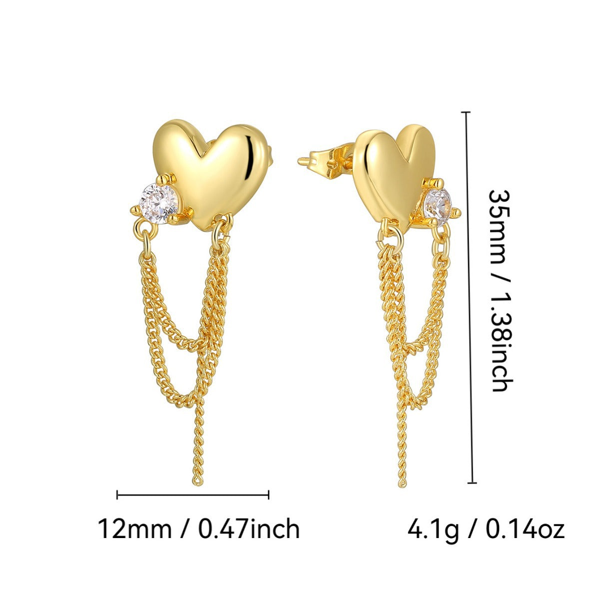 E0708 Elegant Fashion Simple Heart-Shaped Zircon Inlaid Tassel Chain Earrings for Women Heart Drop Earrings
