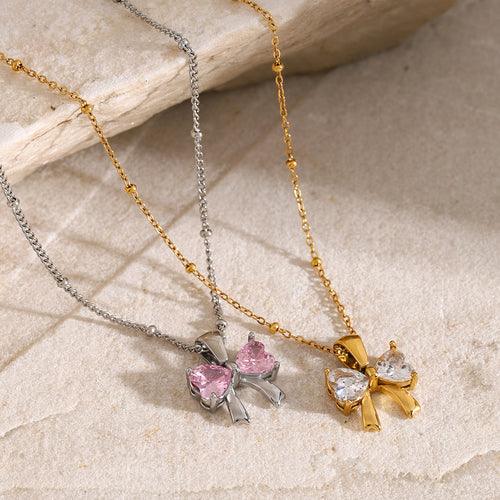 18K Gold-Tone Bow Cubic Zirconia Pendant Stainless Steel Necklace for boutique wholesale jewelry collections
