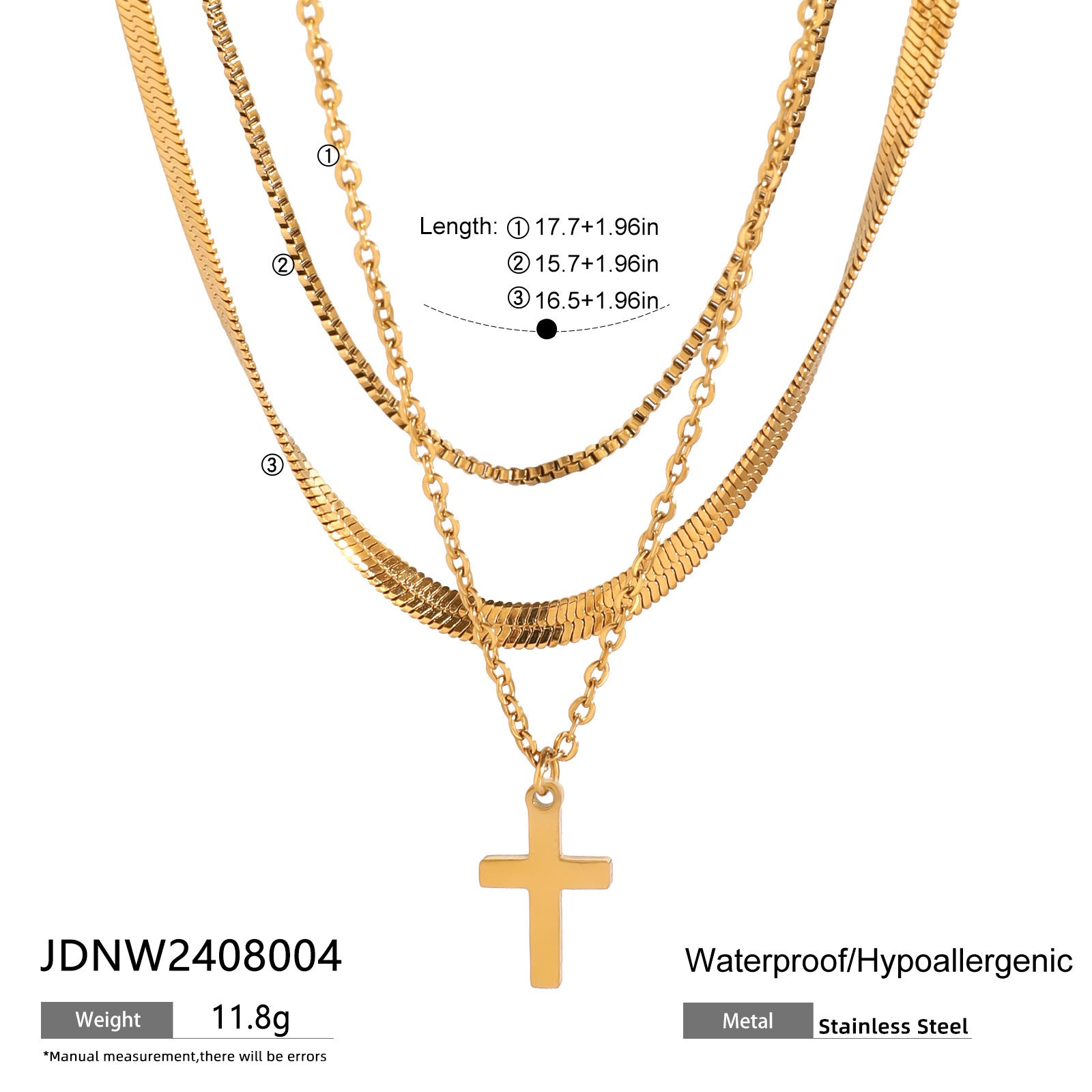 2H Stainless Steel Smooth Three-Layer Cross Pendant Necklace Layered Simple Collarbone Chain Jewelry