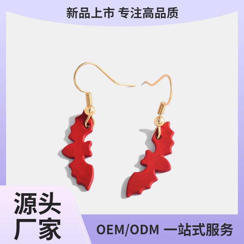 CYE0257 Halloween Fun Creative Wine Red Bat Ear Hooks Cute and Quirky Earrings