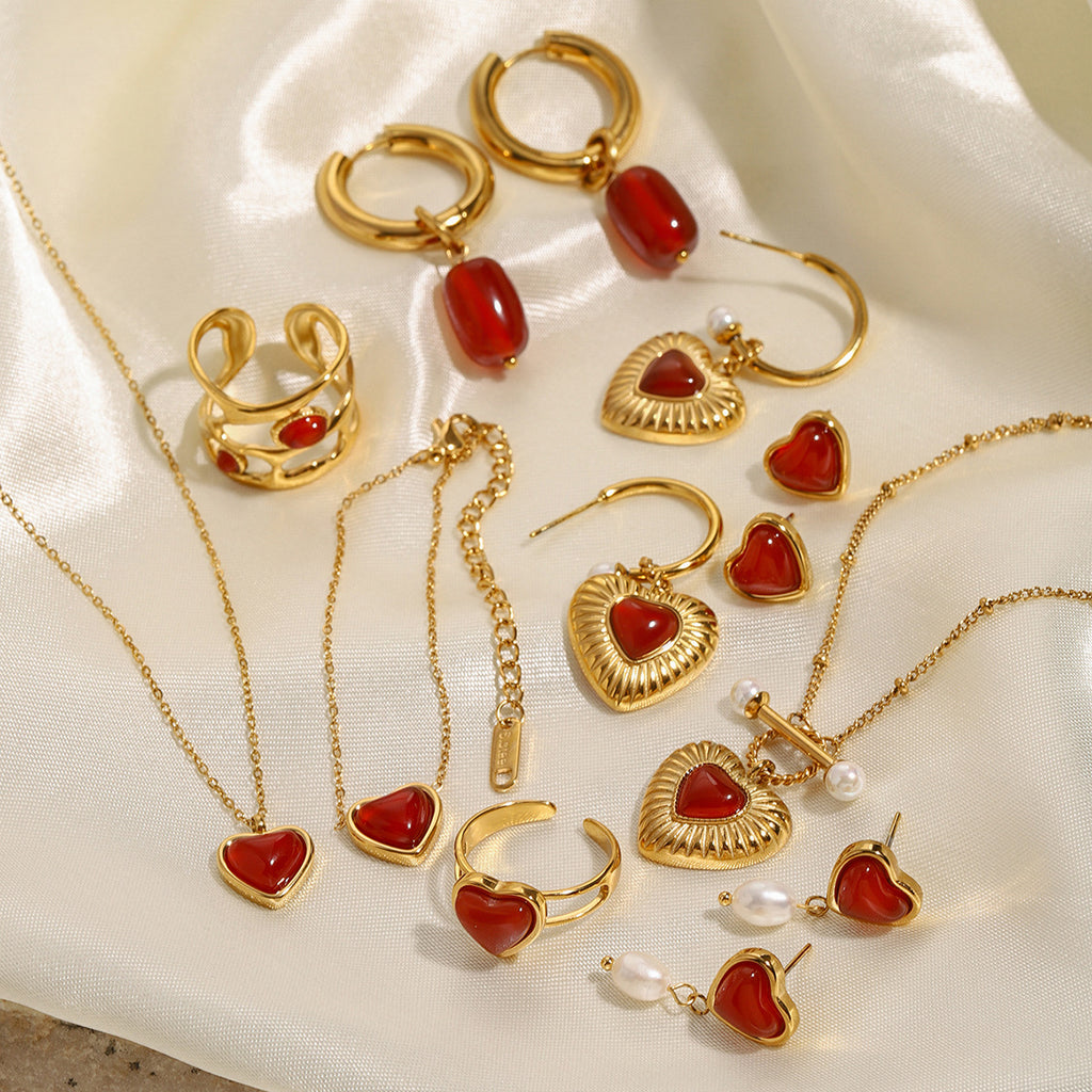 18k Gold Stainless Steel Red Agate Love Heart Necklace Pendant Earrings Ring