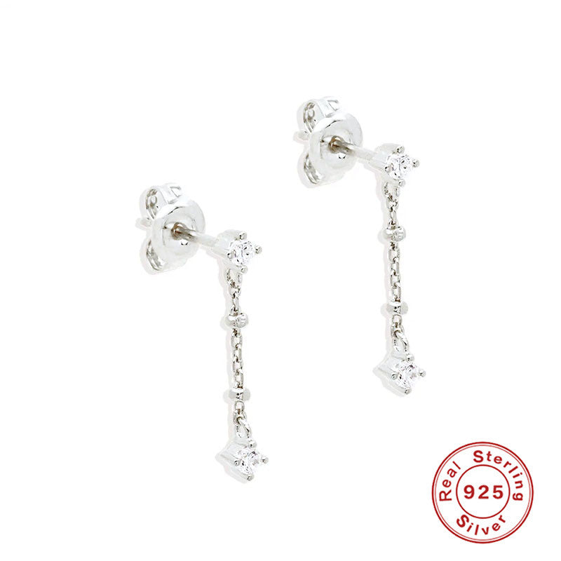 S925Sterling Silver Tassel Inlaid Diamond Pearl Stud Earrings Korean Minimalist Earrings Ear Thread