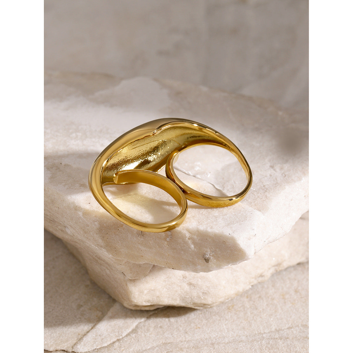 18k Gold Stainless Steel Chubby Smooth Double Finger Ring Design Sense Large Smooth Ring for Women