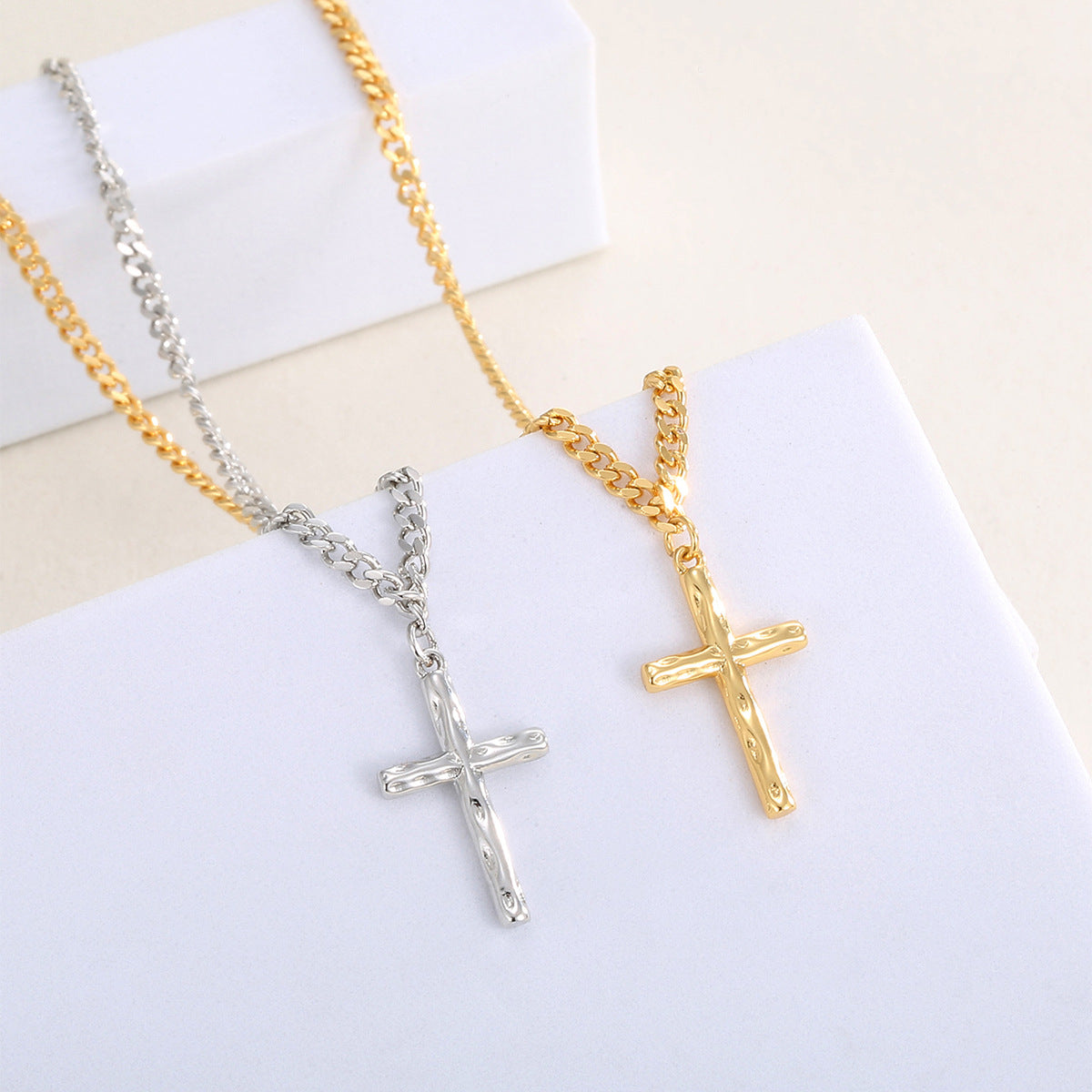 N0271 Brass Gold-Plated Vintage Design Hammered Cross Pendant for Women, Gold and Silver Two-Tone Optional Pendant