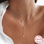 S925 Sterling Silver Y Cross Pendant Necklace With Beaded Chain