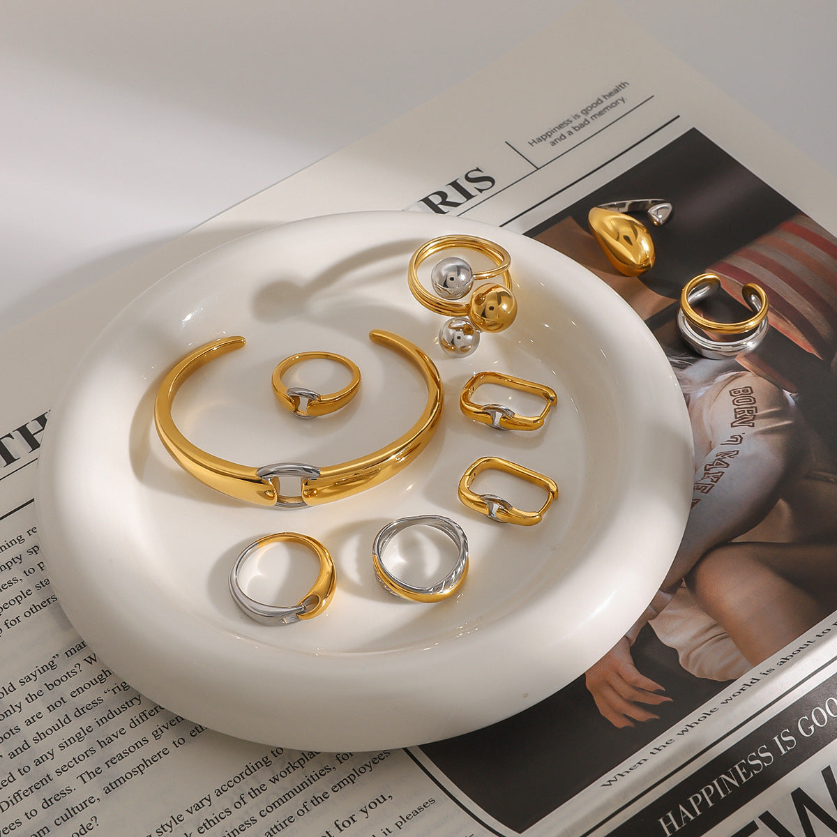 Stainless Steel Color Block Ring Earrings Open Bracelet Beaded Bracelet Jewelry