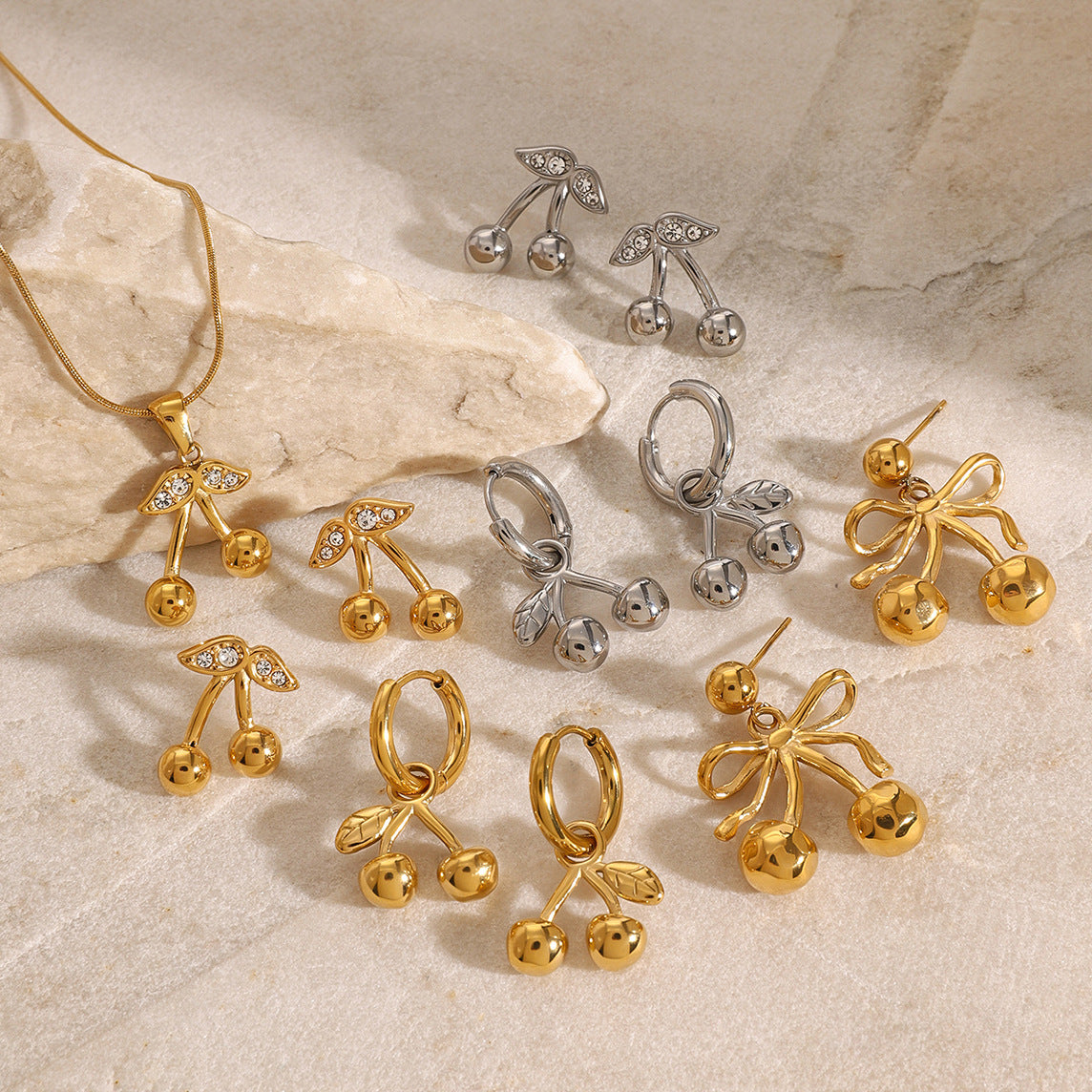 2H Stainless Steel Cherry Necklace Cute Earrings Valentine's Day Jewelry Earrings for Women