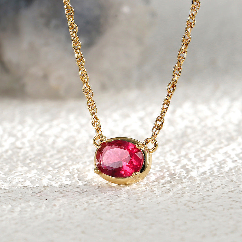 N0187-Red Fashion Retro Versatile Pendant for Women Oval Red Zircon Design Clavicle Chain