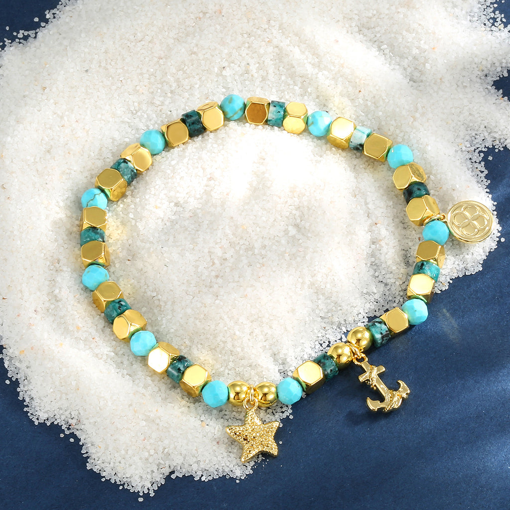 B0285 Fashion Bohemian Retro Starfish Anchor Bracelet Ocean Blue Turquoise Beads