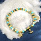 B0285 Fashion Bohemian Retro Starfish Anchor Bracelet Ocean Blue Turquoise Beads