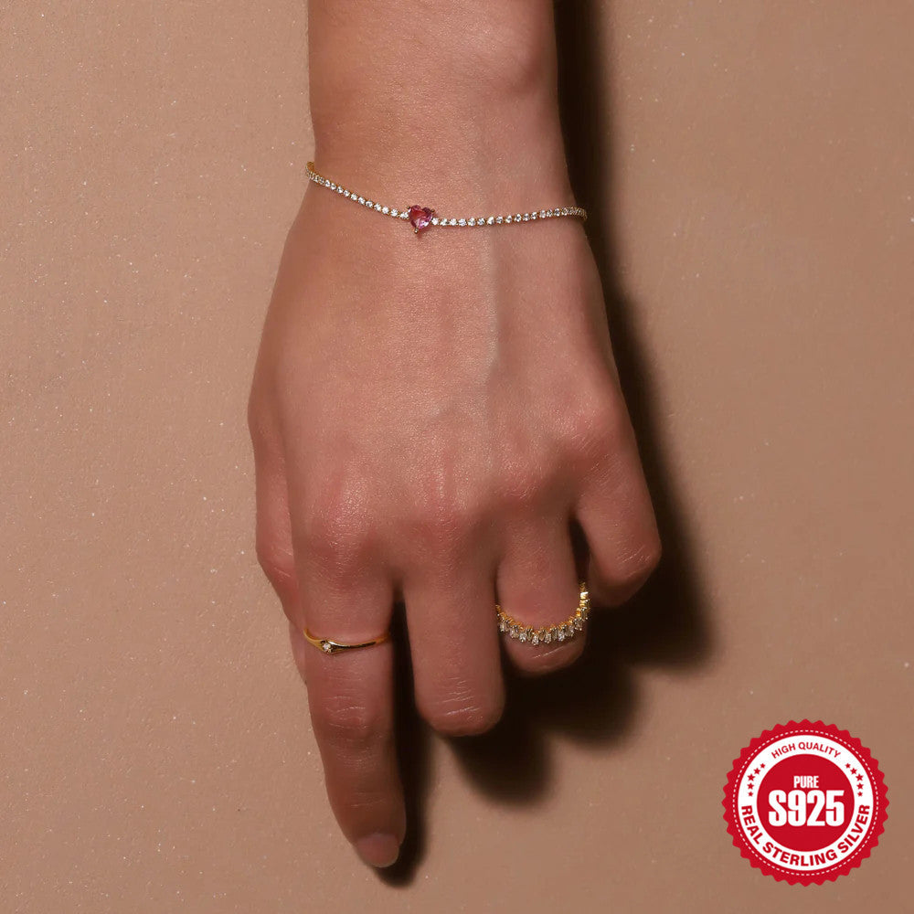 S925 Sterling Silver Tennis Ball CZ Bracelet Love Heart Design Women