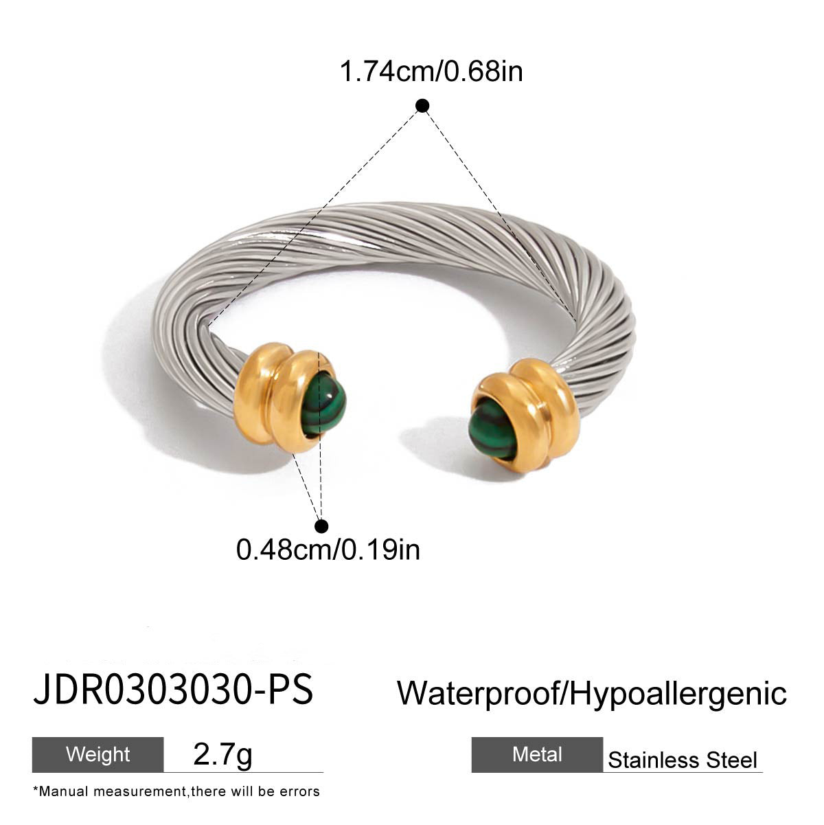 2H Natural Stone Stainless Steel Open Bracelet Non-Fading Jewelry Accessories