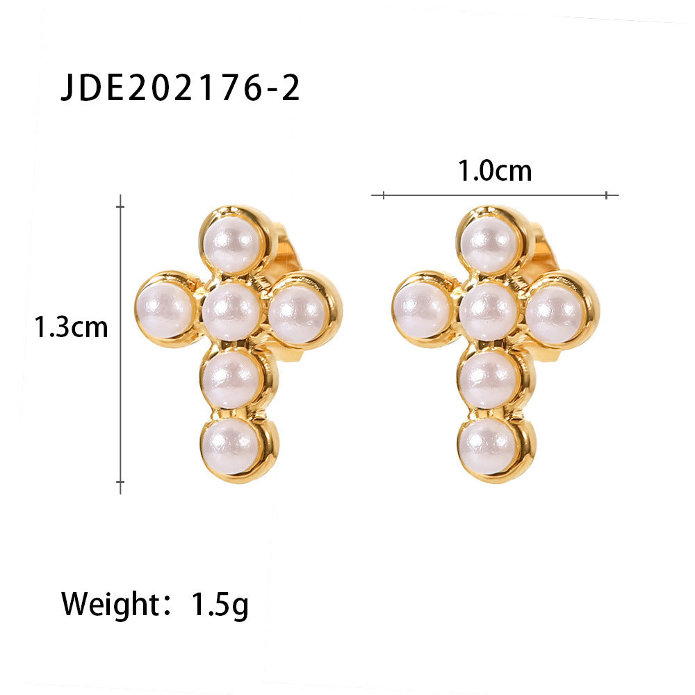 2H Jewelry Stainless Steel Pearl Necklace Cross Earrings Earrings Women
