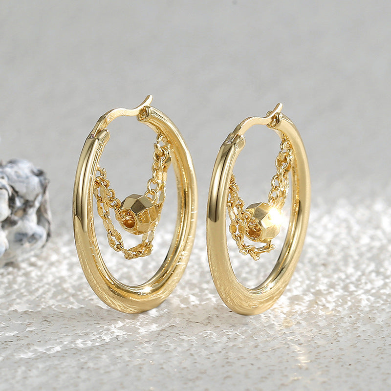 E0408 Brass Gold-Plated Faceted Bead Hoop Earrings for Women Chain Hollow Round Ear Jewelry