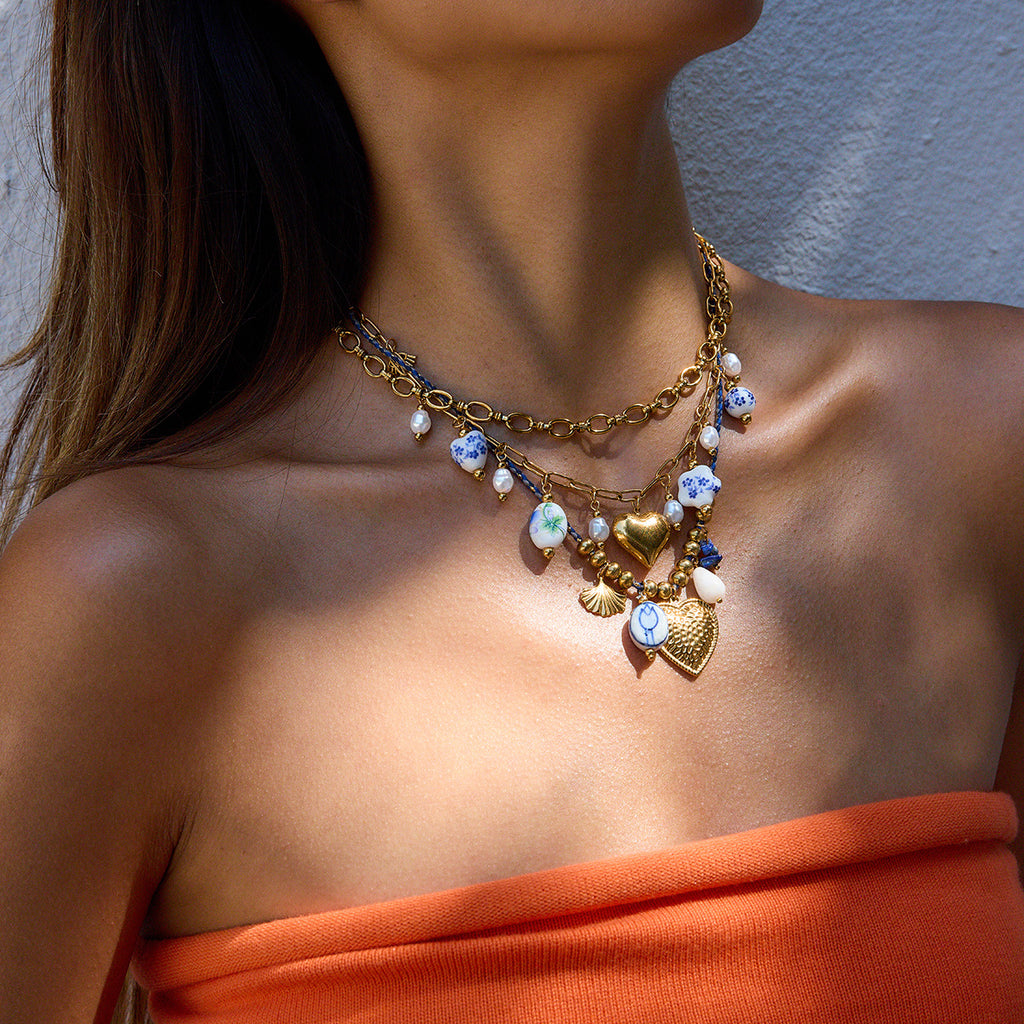 2H Turquoise Natural Stone Heart Necklace Collarbone Chain Stainless Steel Jewelry for Women