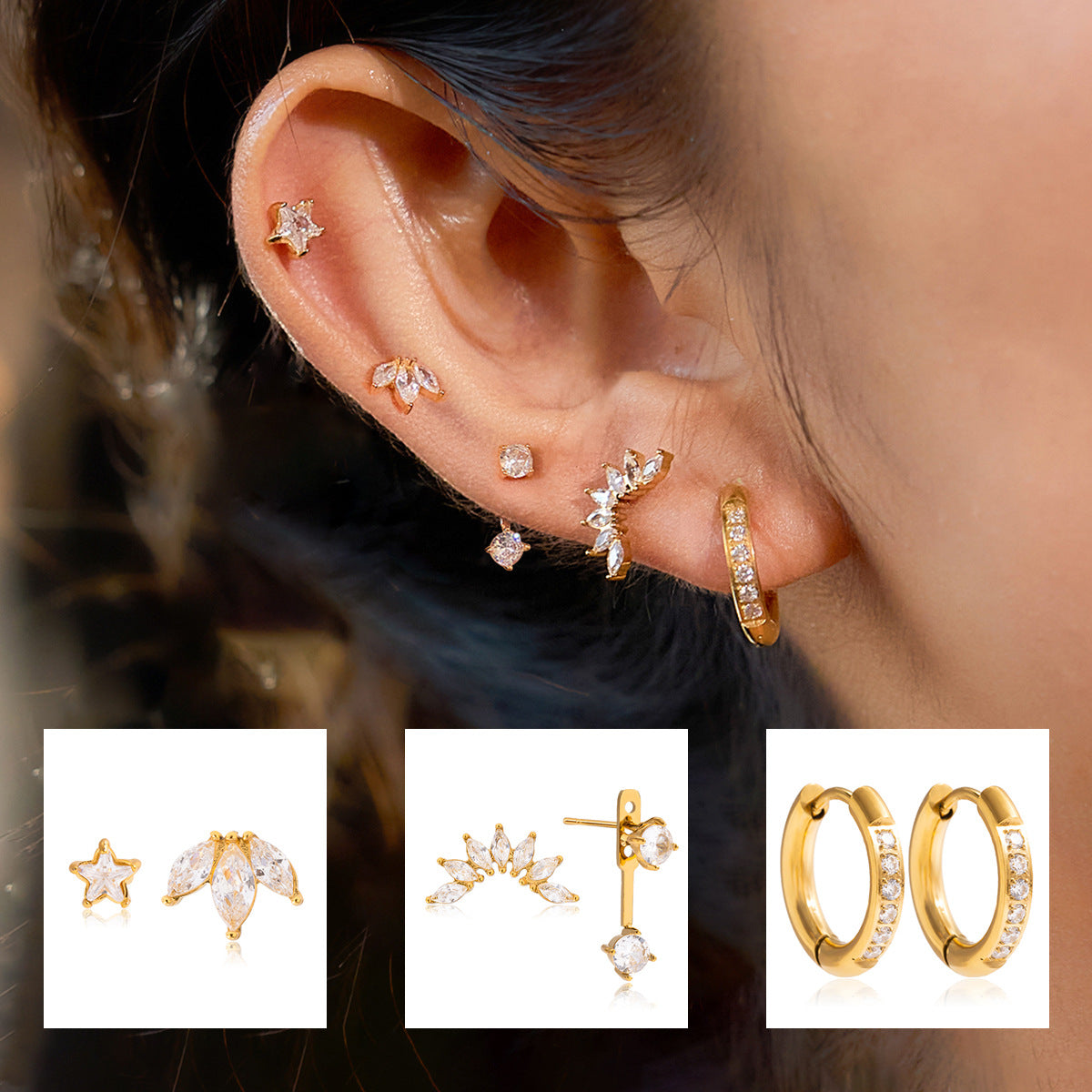 2H Zircon Earrings Multiple Pairs One Card Earrings Ear Jewelry Stainless Steel Accessories Jewelry