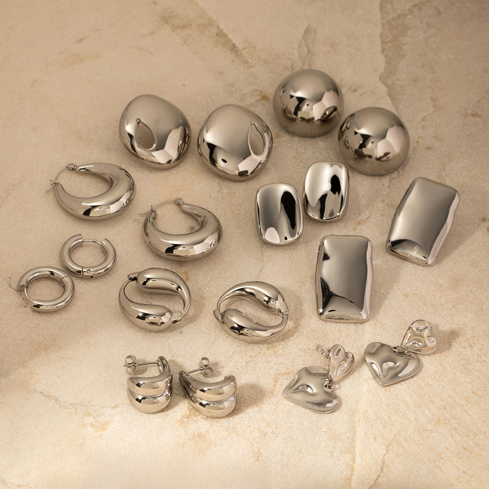 Steel Color Stainless Steel French Style Smooth Hollow Earrings Blogger Same Style Fashion Versatile Hoop Earrings for Women