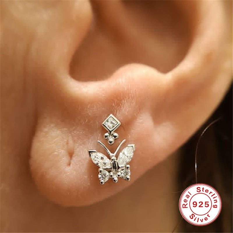 S925Sterling Silver Butterfly Inlaid Diamond Piercing Soft Bone Single Earring Trendy Fashion Ear Bone Stud Earrings