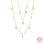 S925 Sterling Silver Octagonal Star Necklace With Diamonds And Pearl
