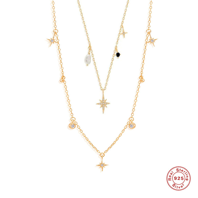 S925 Sterling Silver Octagonal Star Necklace With Diamonds And Pearl