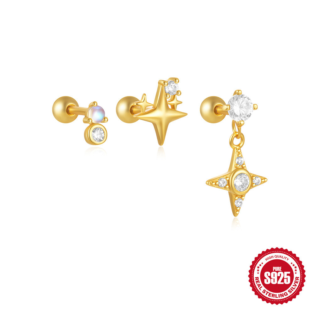 New S925Silver Moon Star Pendant Earrings Twist Ball Threaded Ear Bone Studs Hot Selling Cartilage Piercing Jewelry