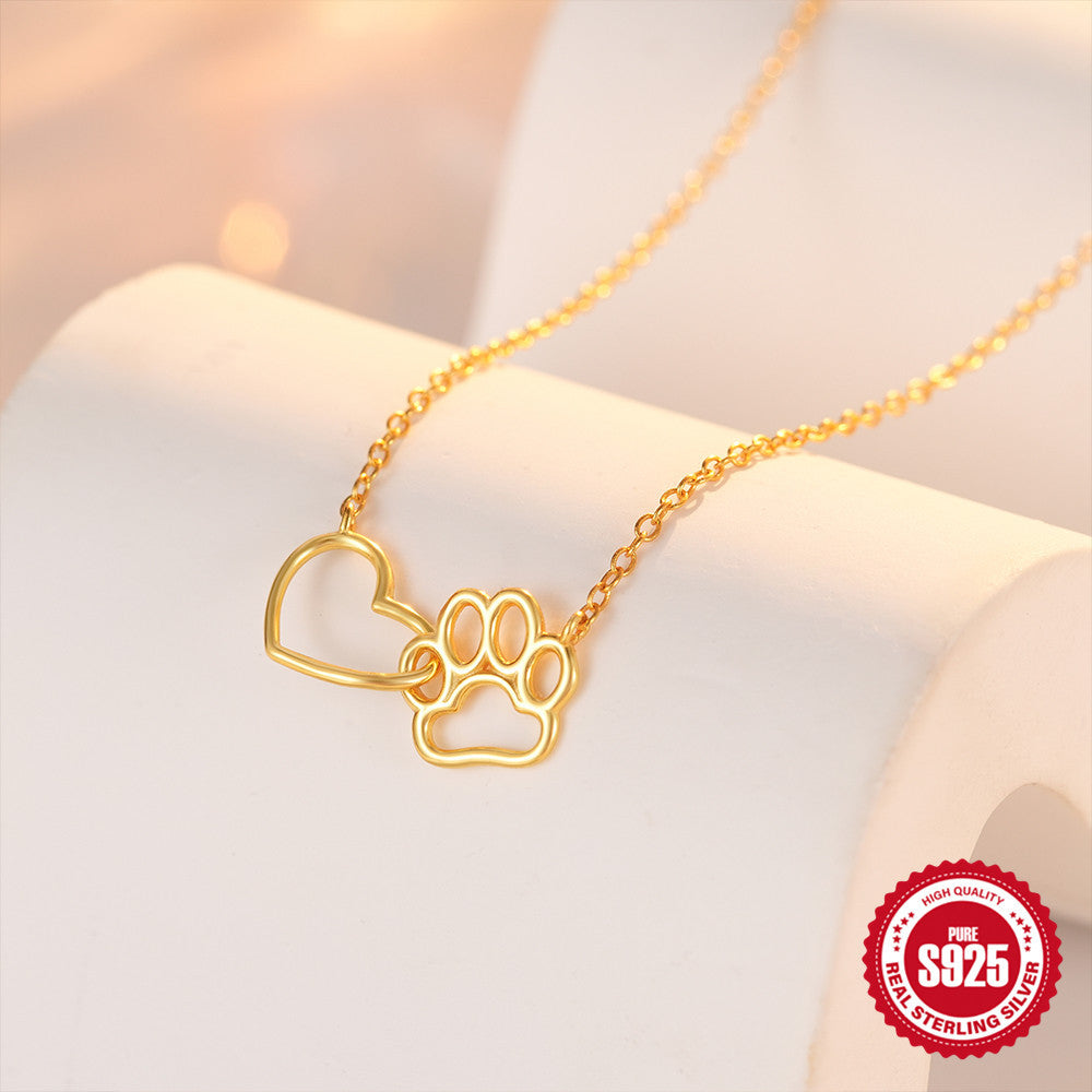 S925 Sterling Silver Heart Cat Paw Dual Element Collarbone Necklace