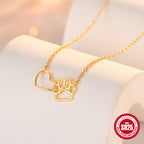 S925 Sterling Silver Heart Cat Paw Dual Element Collarbone Necklace