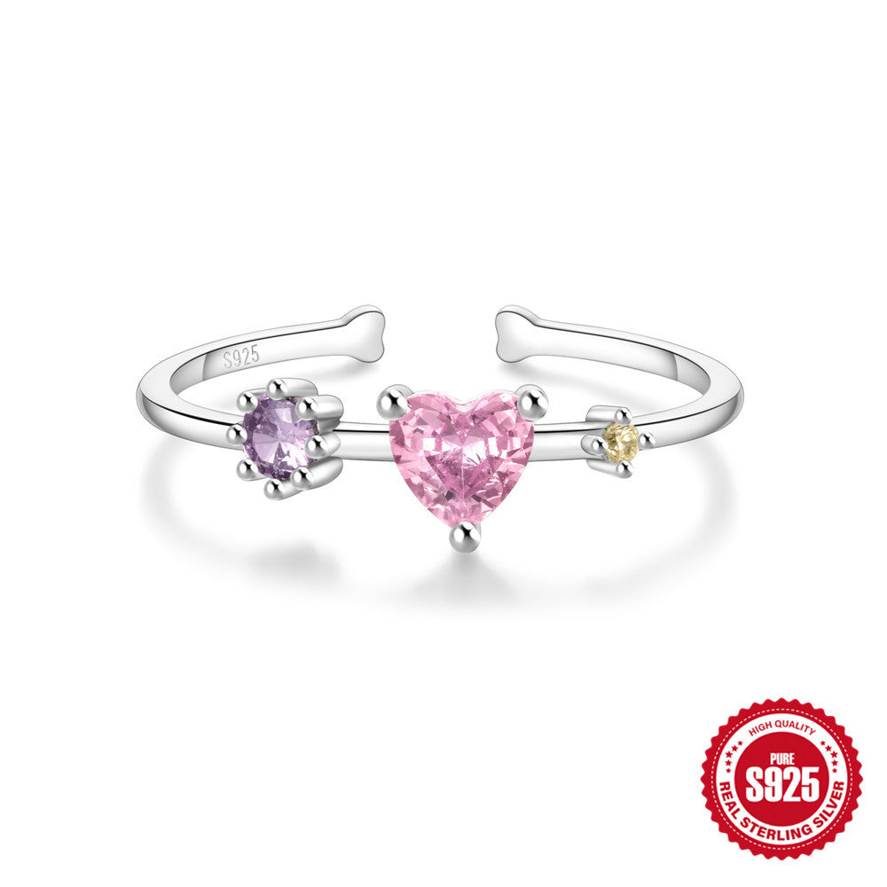 S925Pure Silver Japanese Style High-End Diamond-Studded Ring Japanese and Korean Design Sense Diamond Heart Petal Open Index Finger Ring