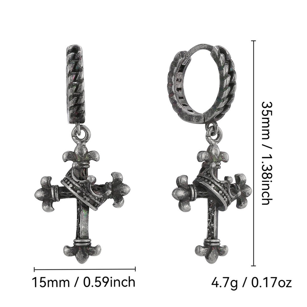 E0738 Hip-Hop Punk Style Trendy Earrings for Women Vintage Distressed Antique silver Crown Cross Earrings
