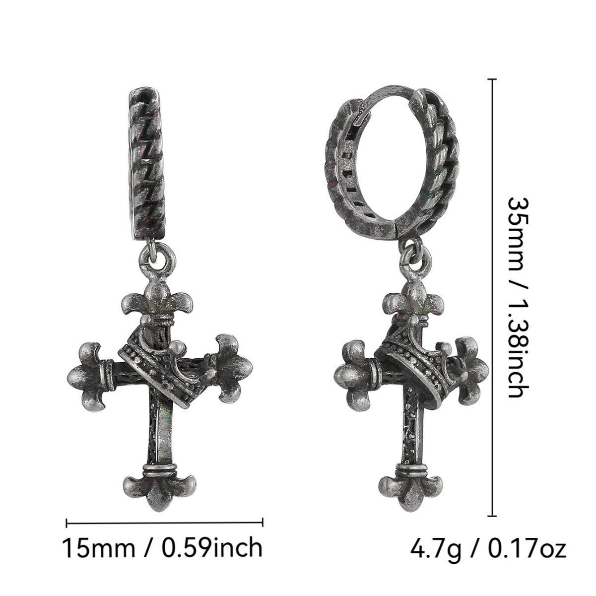E0738 Hip-Hop Punk Style Trendy Earrings for Women Vintage Distressed Antique silver Crown Cross Earrings